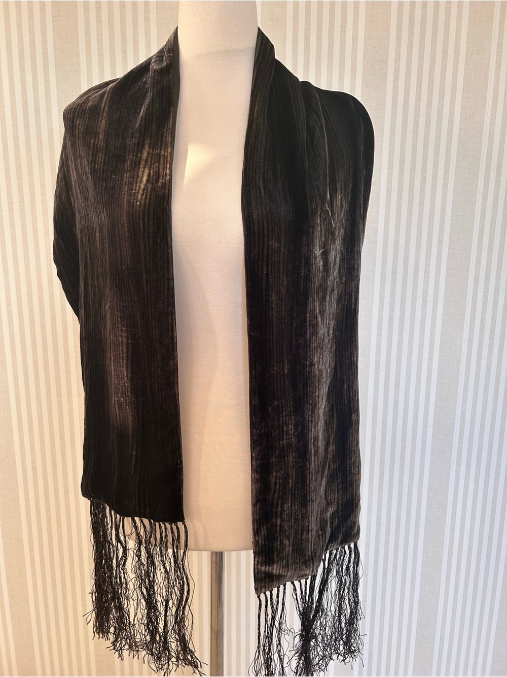 ISA Milano Italy Brown & Dark Green Velvet Silk Blend Scarf Wrap with Fringe